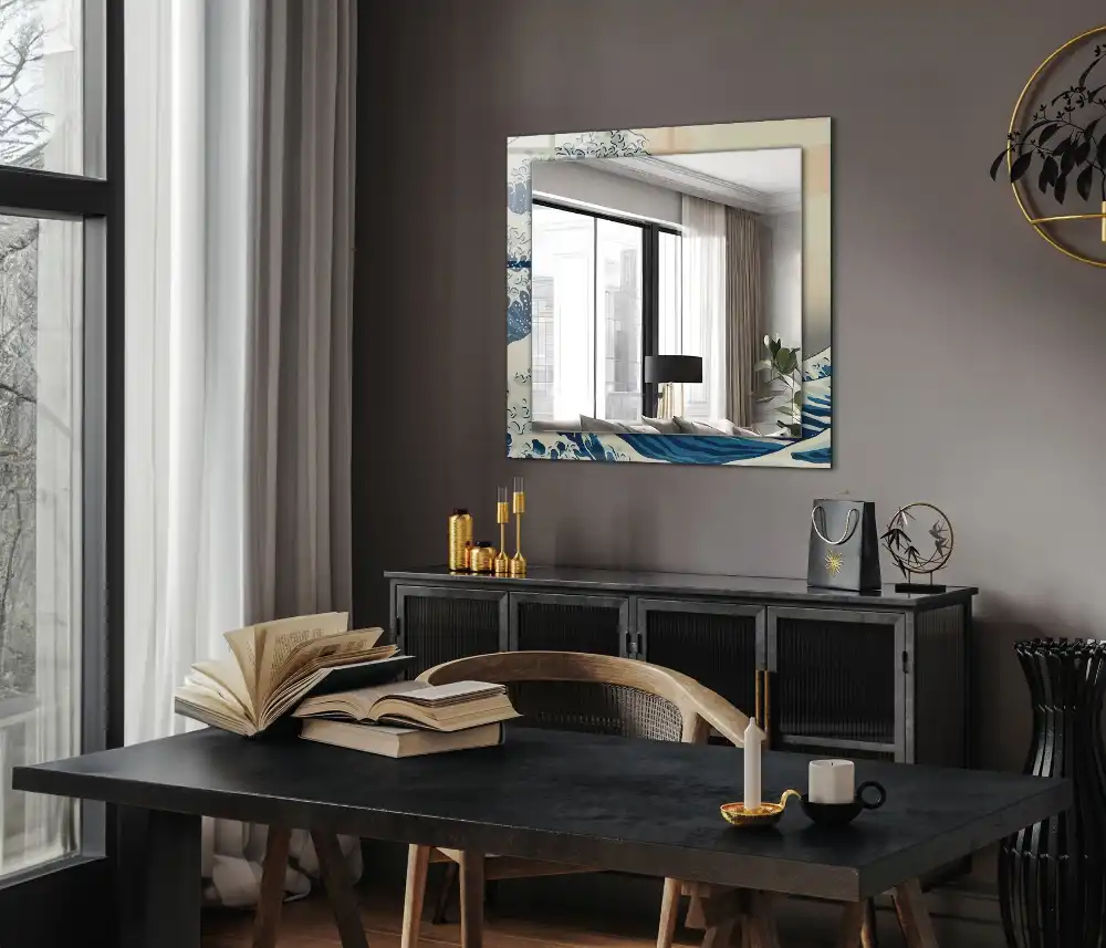 Specchio rettangolare con cornice stampata La grande onda di Kanagawa