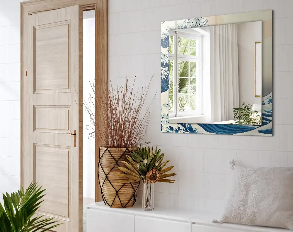 Specchio rettangolare con cornice stampata La grande onda di Kanagawa
