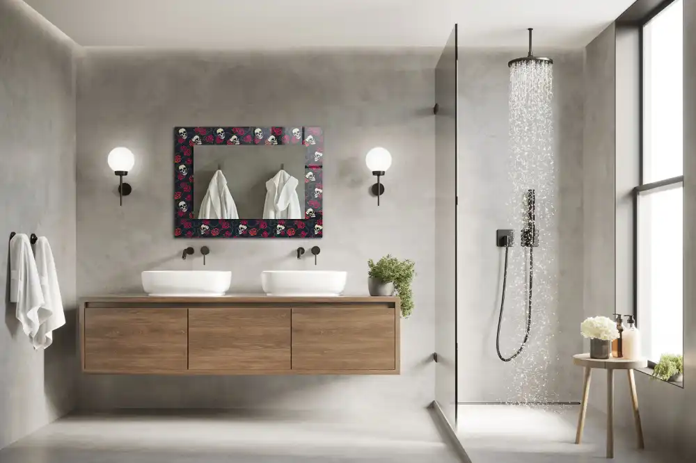 Specchio rettangolare stampato Teschi, rose, spine