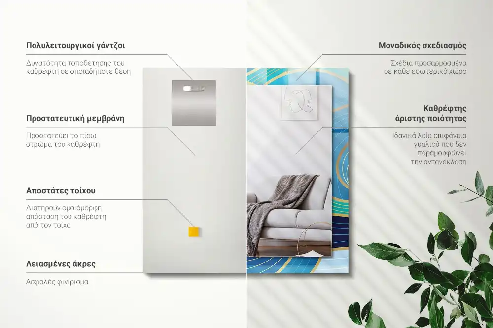 Specchio rettangolare con cornice stampata Motivi di onde blu