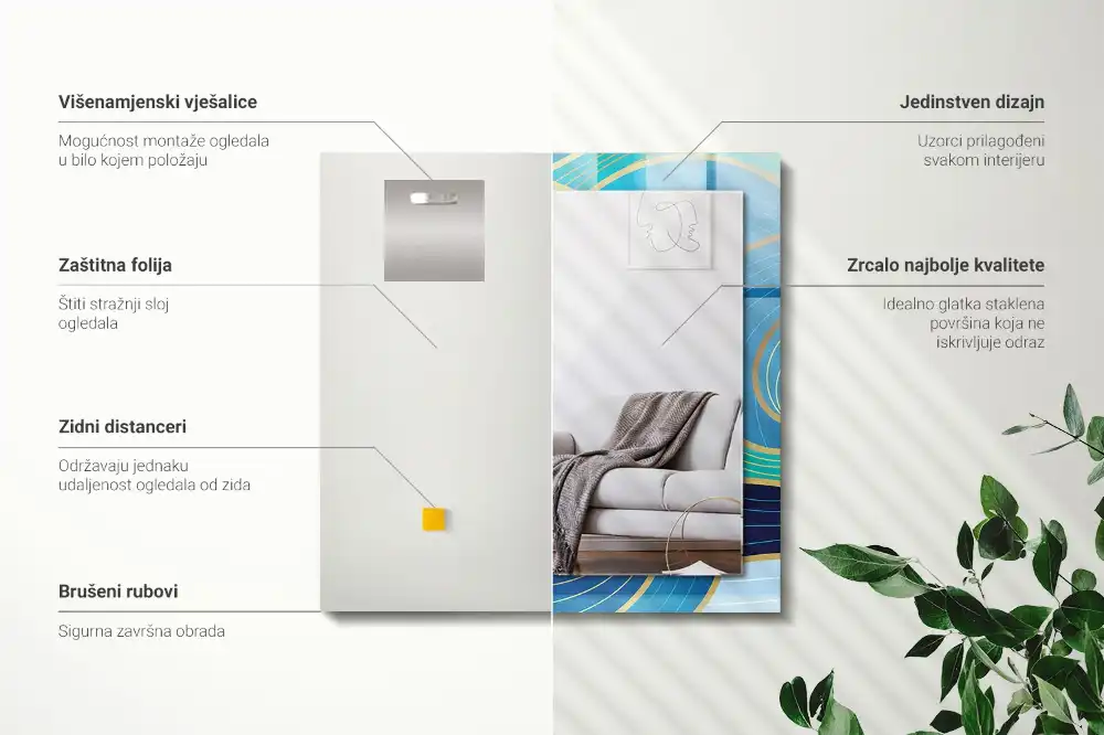 Specchio rettangolare con cornice stampata Motivi di onde blu