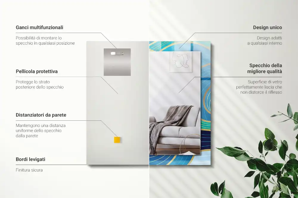 Specchio rettangolare con cornice stampata Motivi di onde blu