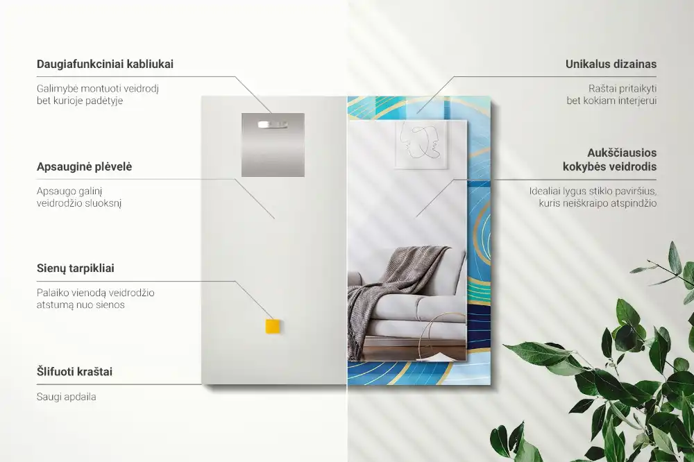 Specchio rettangolare con cornice stampata Motivi di onde blu