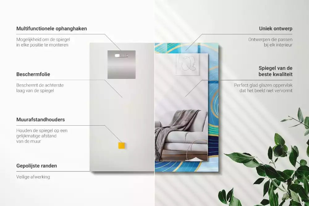 Specchio rettangolare con cornice stampata Motivi di onde blu