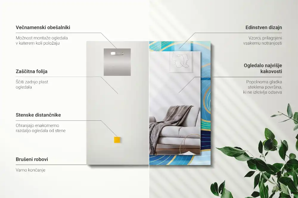 Specchio rettangolare con cornice stampata Motivi di onde blu