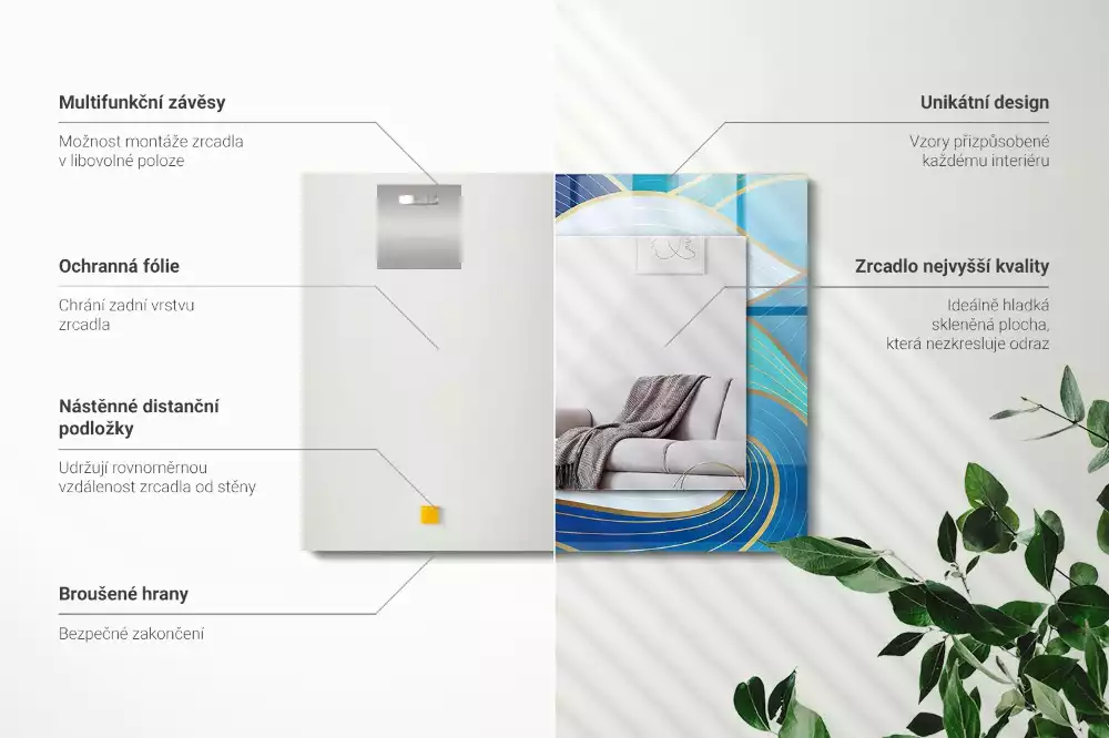 Specchio rettangolare con cornice stampata Motivi di onde blu