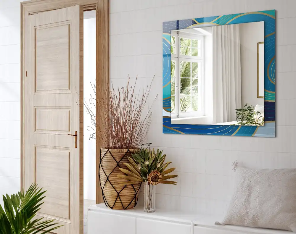 Specchio rettangolare con cornice stampata Motivi di onde blu