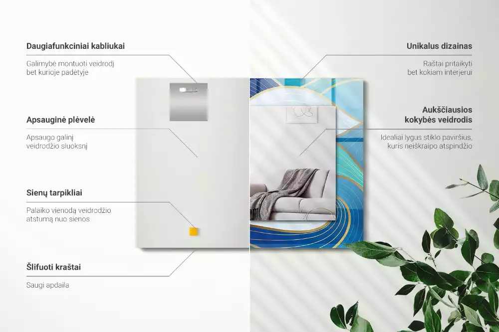 Specchio rettangolare con cornice stampata Motivi di onde blu