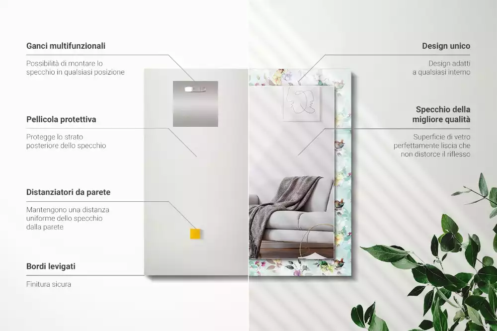 Specchio rettangolare decoro Fiori e uccelli