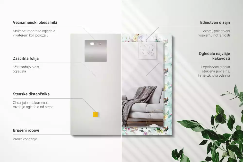 Specchio rettangolare decoro Fiori e uccelli