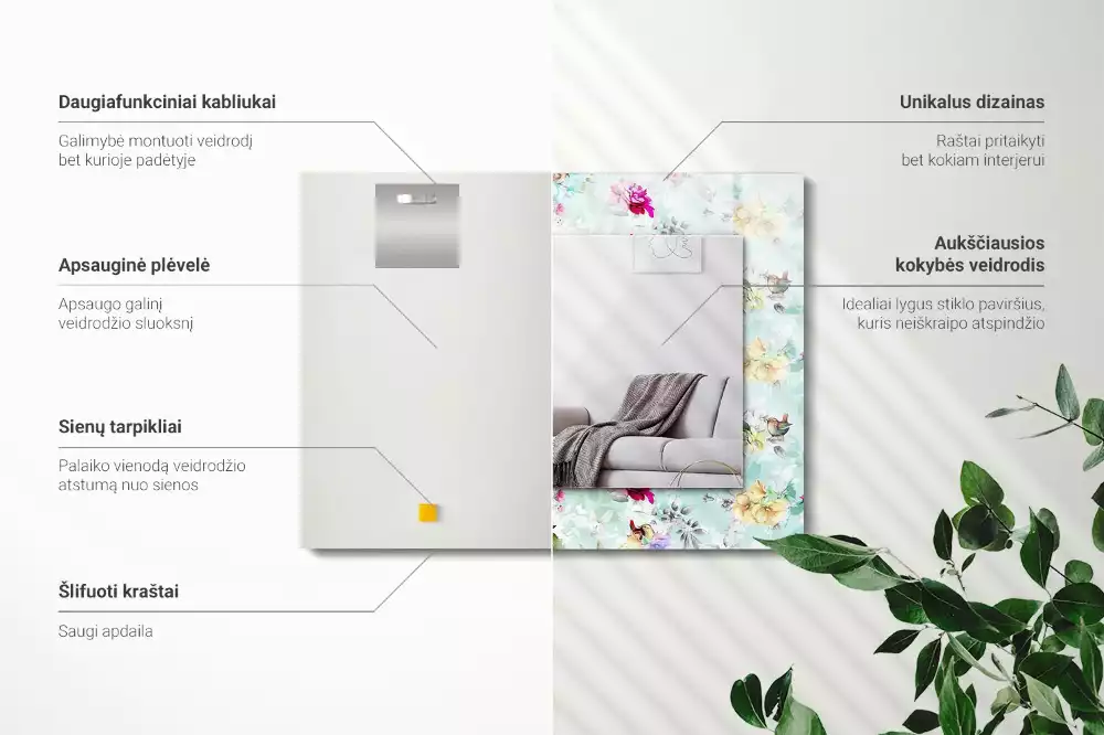 Specchio rettangolare decoro Fiori e uccelli