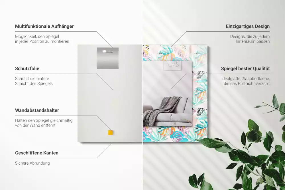 Specchio rettangolare stampato Foglie tropicali colorate