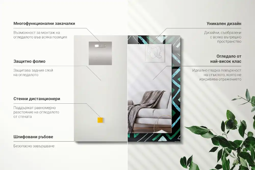 Specchio rettangolare con cornice stampata Motivo geometrico turchese