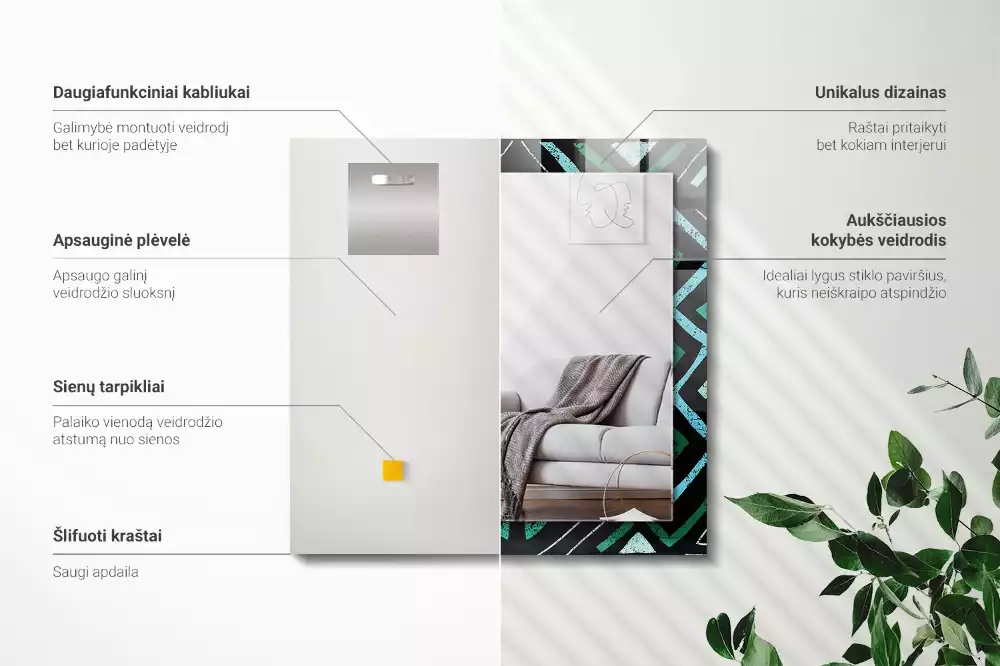 Specchio rettangolare con cornice stampata Motivo geometrico turchese