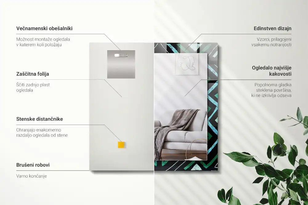 Specchio rettangolare con cornice stampata Motivo geometrico turchese