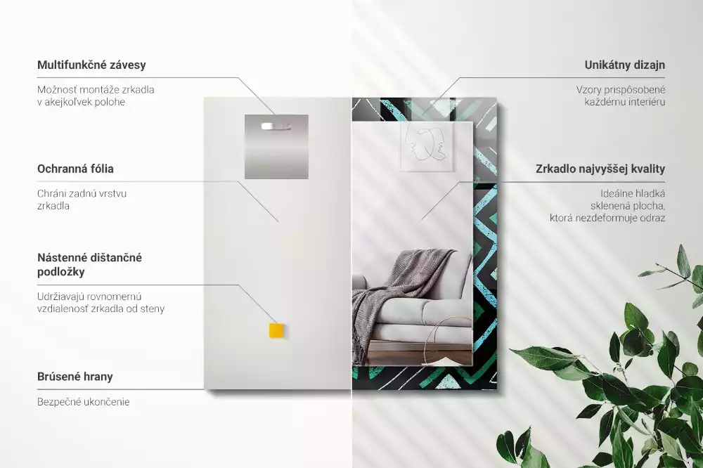 Specchio rettangolare con cornice stampata Motivo geometrico turchese