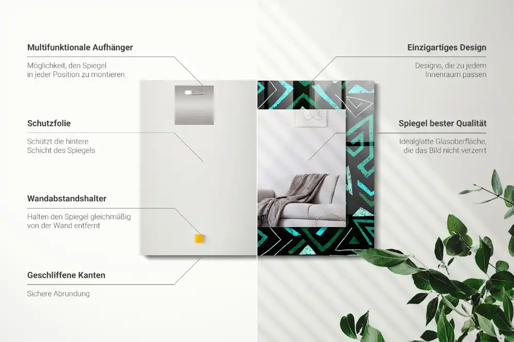 Specchio rettangolare con cornice stampata Motivo geometrico turchese