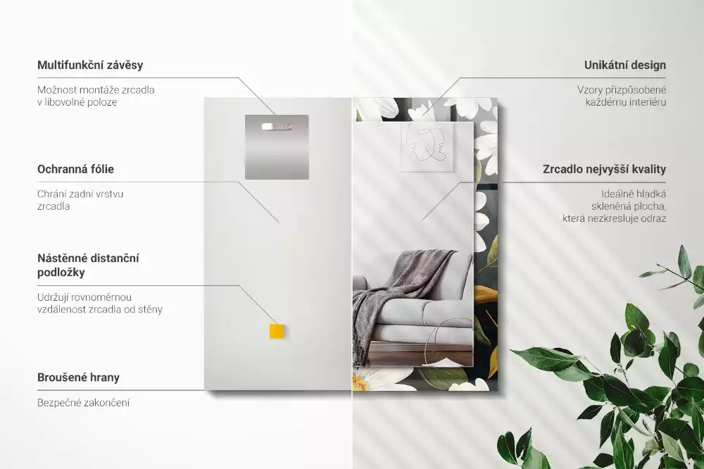 Specchio rettangolare decoro Foglie di margherita bianca