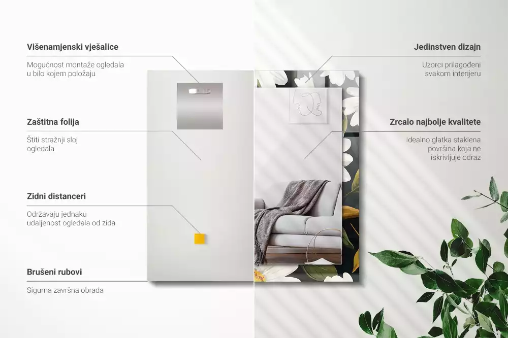 Specchio rettangolare decoro Foglie di margherita bianca