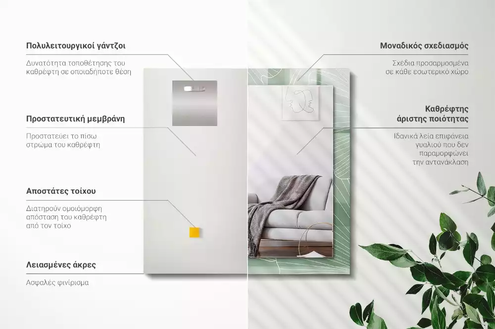 Specchio rettangolare con cornice stampata Foglie di ginkgo