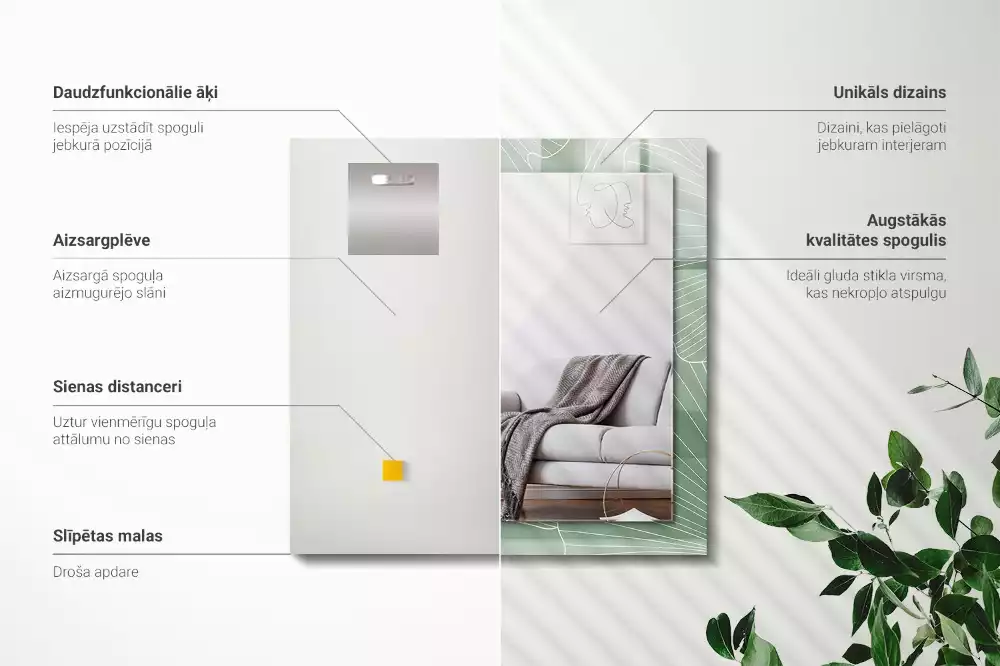 Specchio rettangolare con cornice stampata Foglie di ginkgo