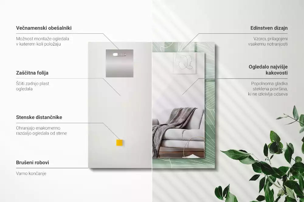 Specchio rettangolare con cornice stampata Foglie di ginkgo