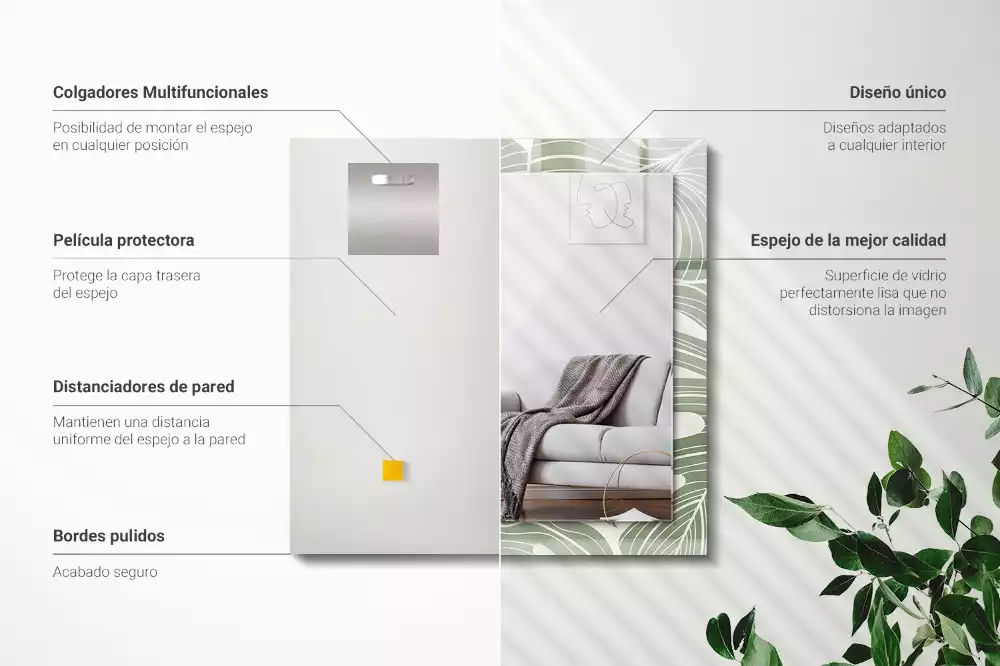 Specchio rettangolare con cornice stampata Foglie di Monstera