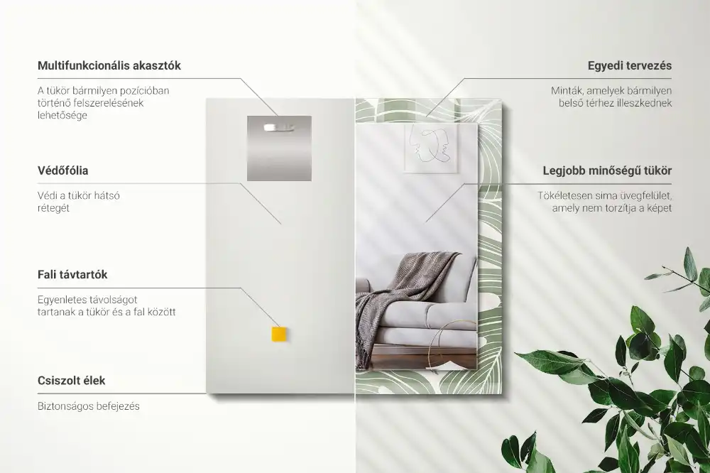 Specchio rettangolare con cornice stampata Foglie di Monstera