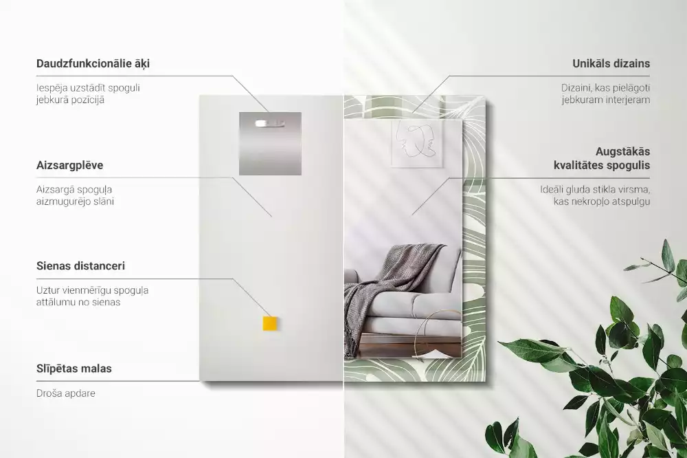 Specchio rettangolare con cornice stampata Foglie di Monstera