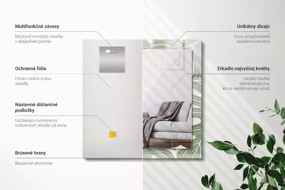 Specchio rettangolare con cornice stampata Foglie di Monstera