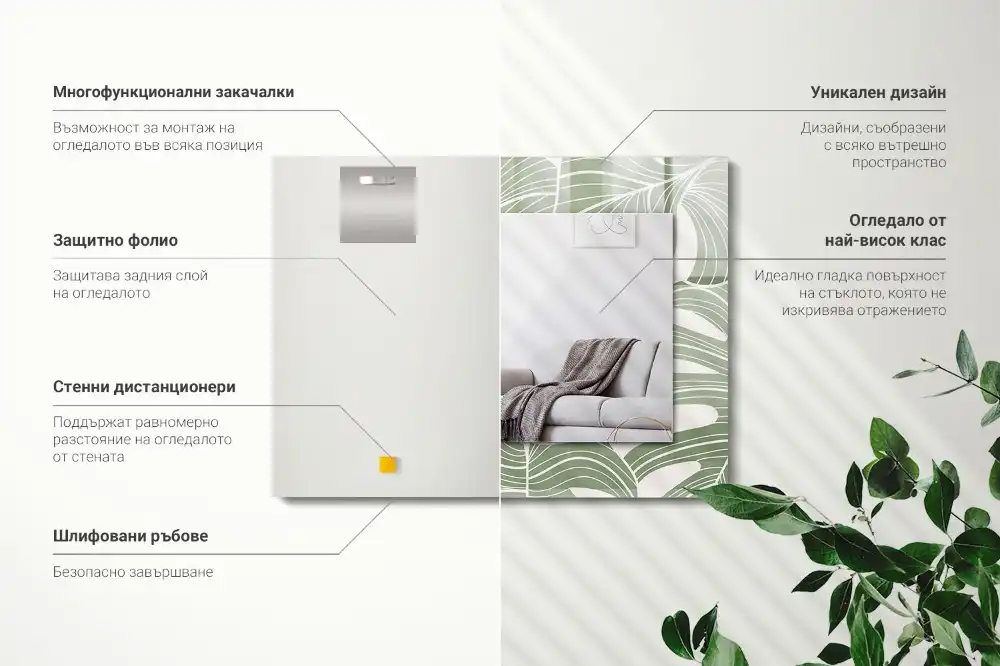 Specchio rettangolare con cornice stampata Foglie di Monstera