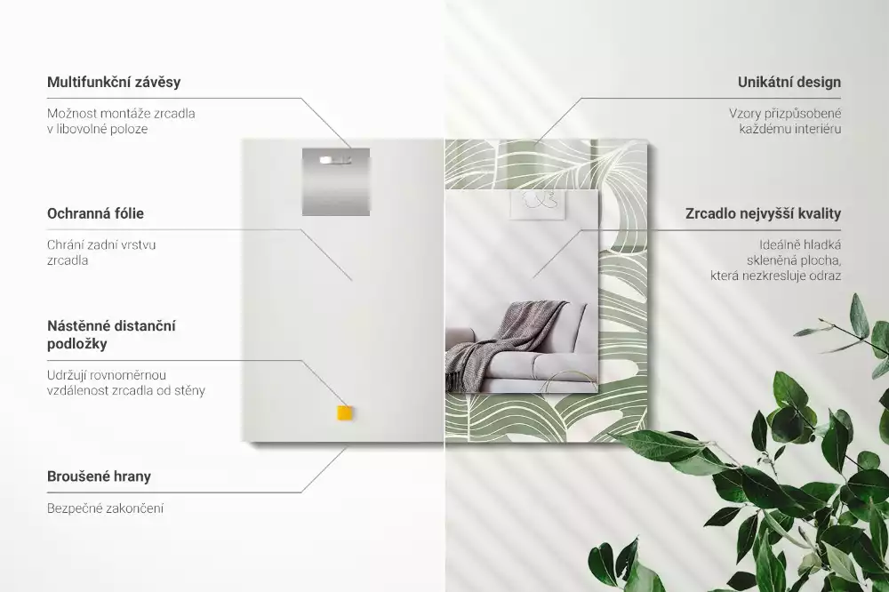 Specchio rettangolare con cornice stampata Foglie di Monstera