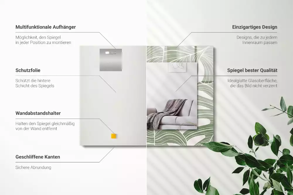 Specchio rettangolare con cornice stampata Foglie di Monstera