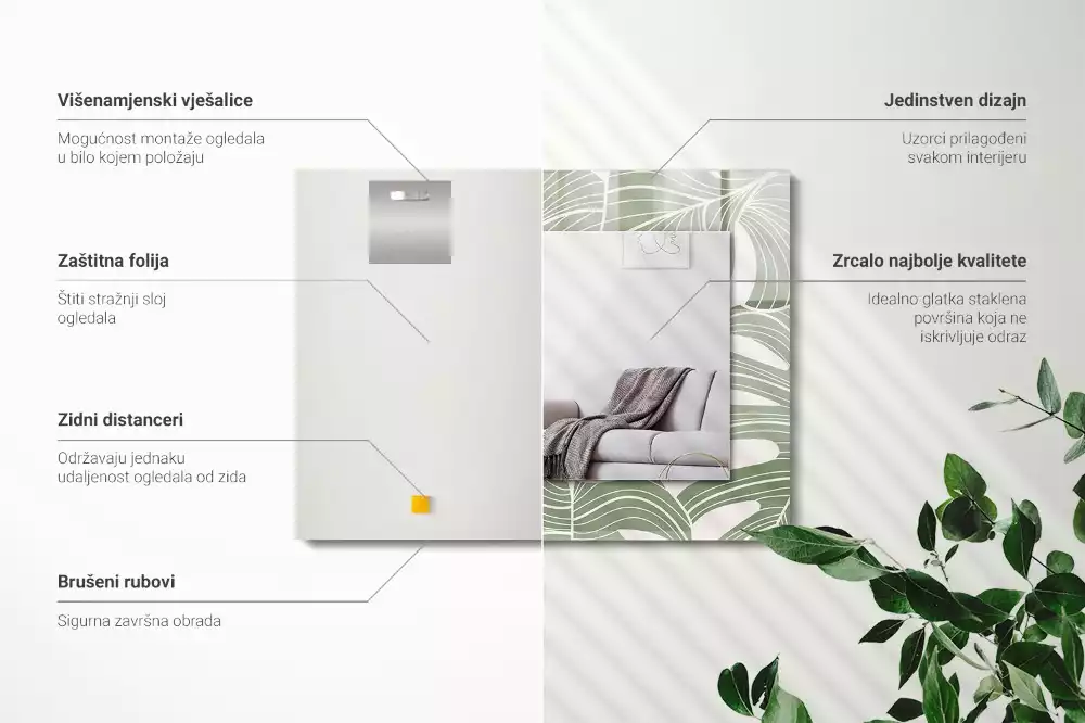 Specchio rettangolare con cornice stampata Foglie di Monstera