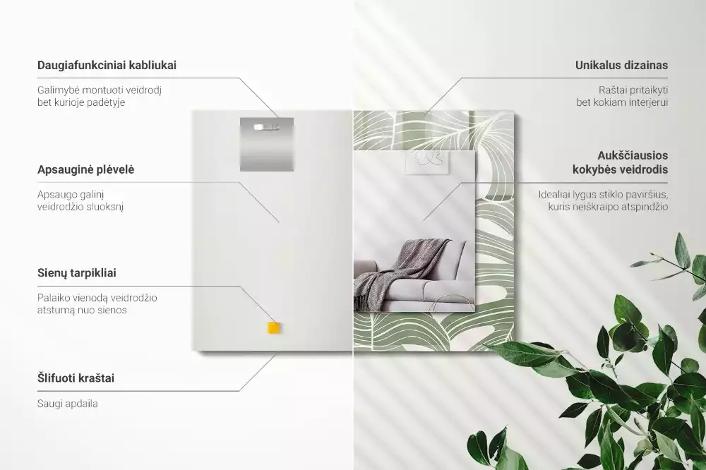 Specchio rettangolare con cornice stampata Foglie di Monstera