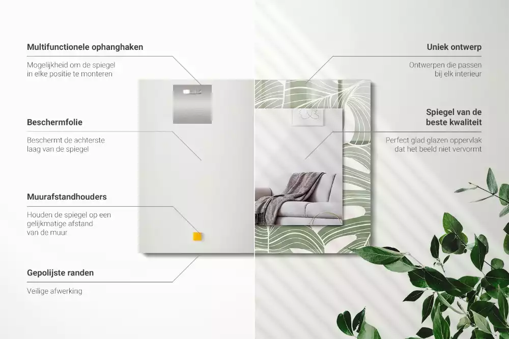 Specchio rettangolare con cornice stampata Foglie di Monstera