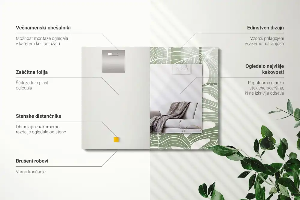 Specchio rettangolare con cornice stampata Foglie di Monstera