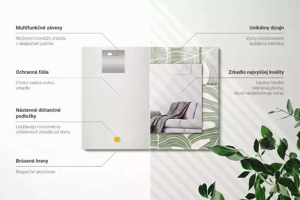 Specchio rettangolare con cornice stampata Foglie di Monstera