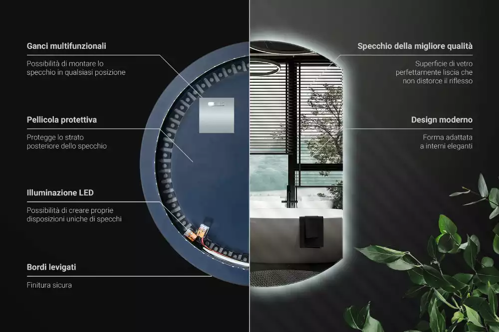 Specchio circolare tagliato con effetto LED